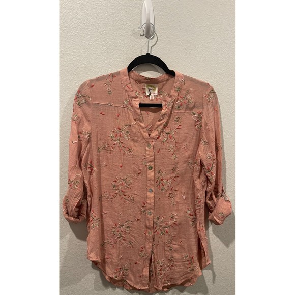 FIG AND FLOWER Dusty Peach Embroidered Floral Button Down Shirt - Picture 1 of 5